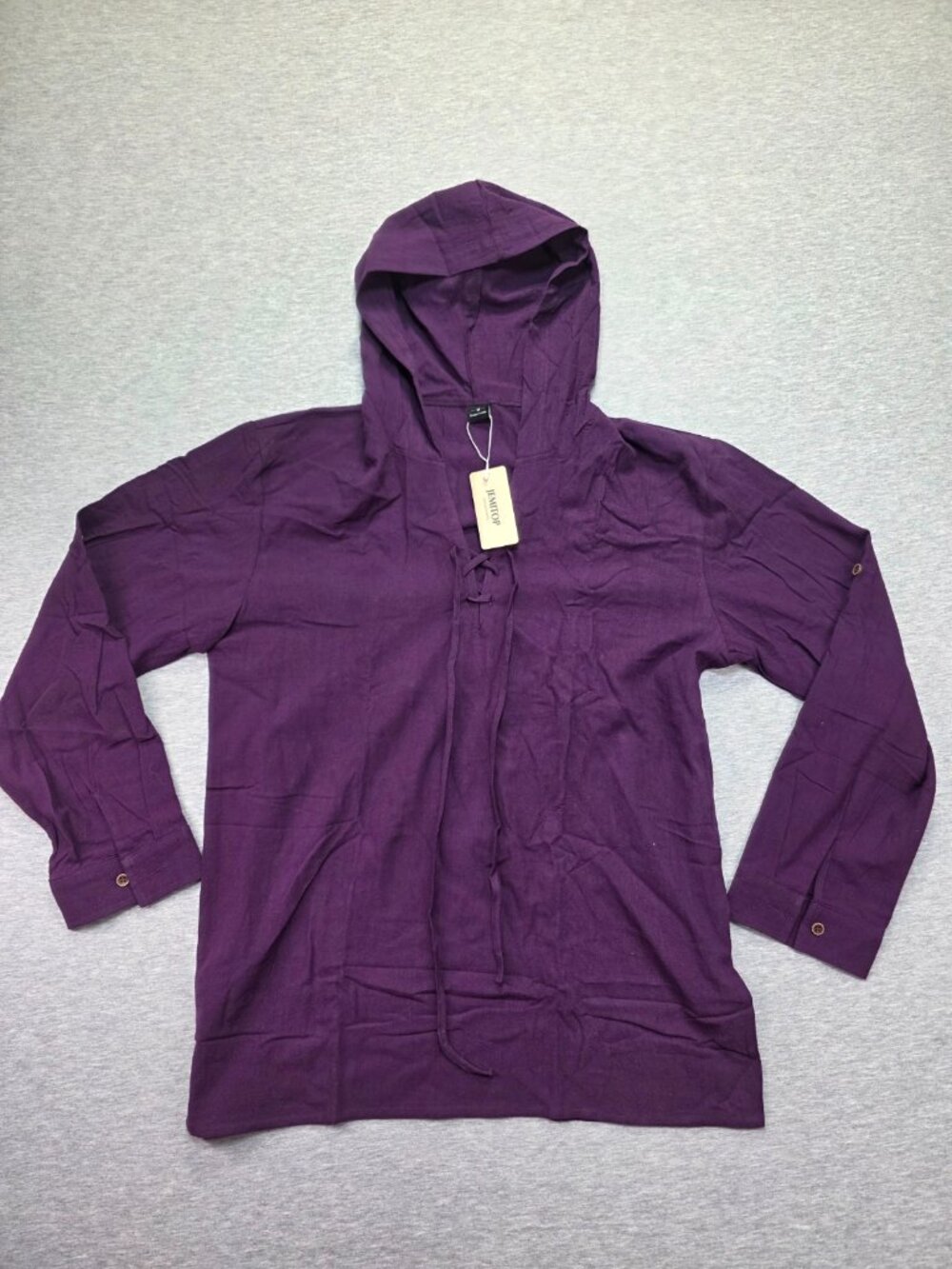 NWT Jemitop Purple Hooded Lace Up Tunic Top Long Sleeve Boho Women's Medium